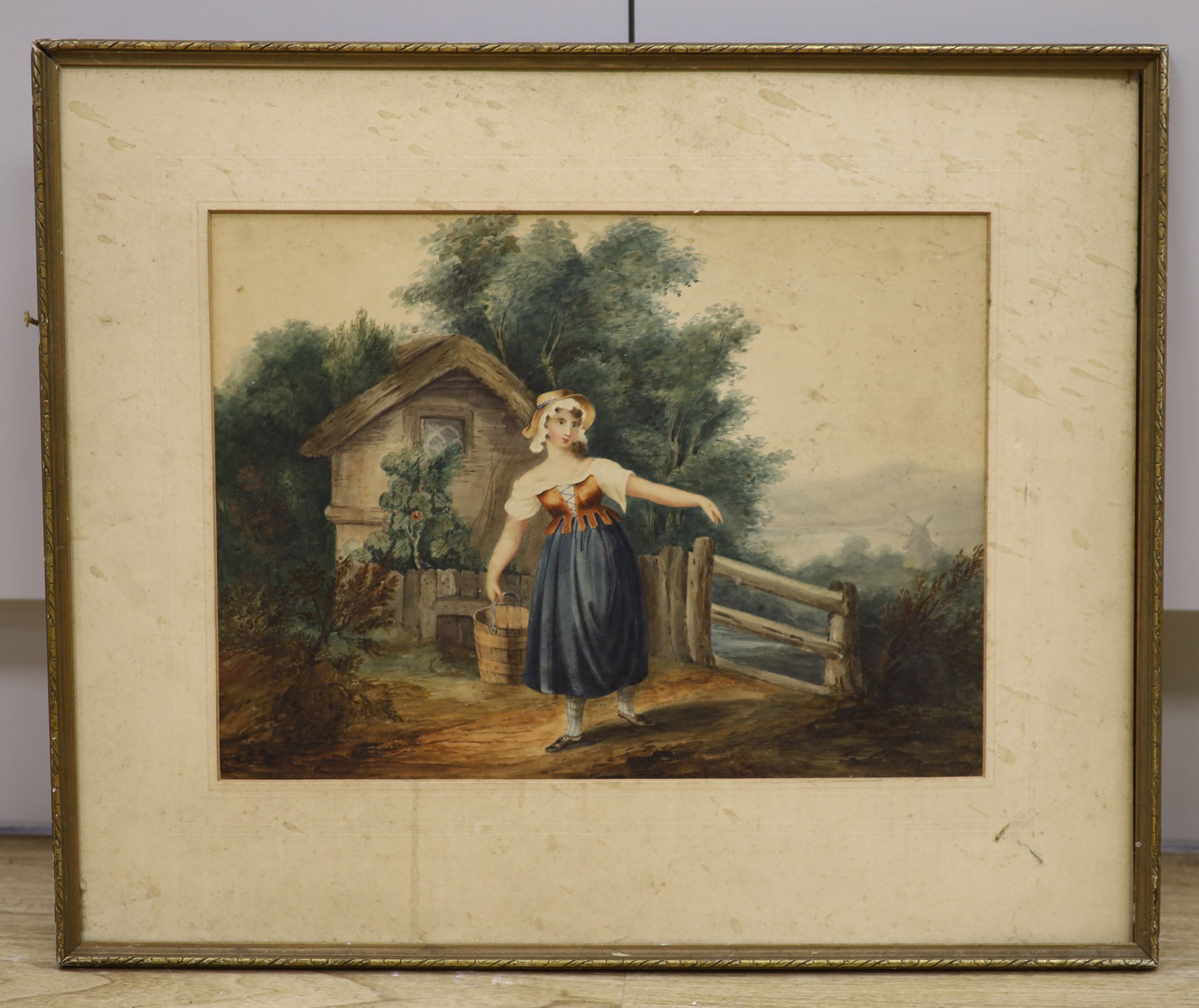 19th century English School, watercolour, Milkmaid in a landscape, 28 x 38cm